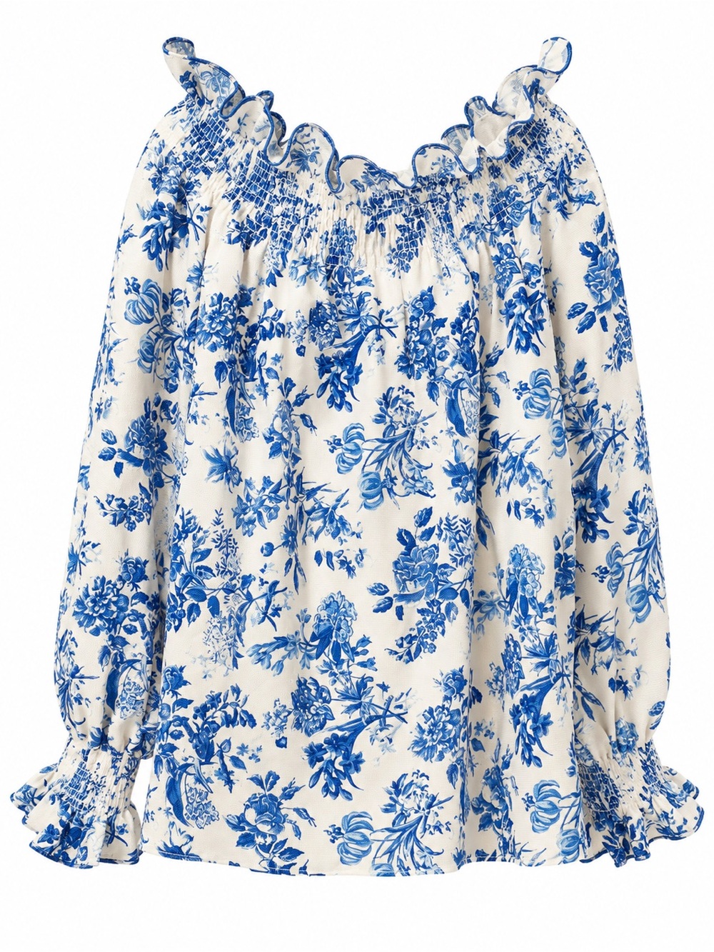 Tuckernuck Blue and White Floral Smocked Off-Shoulder Blouse